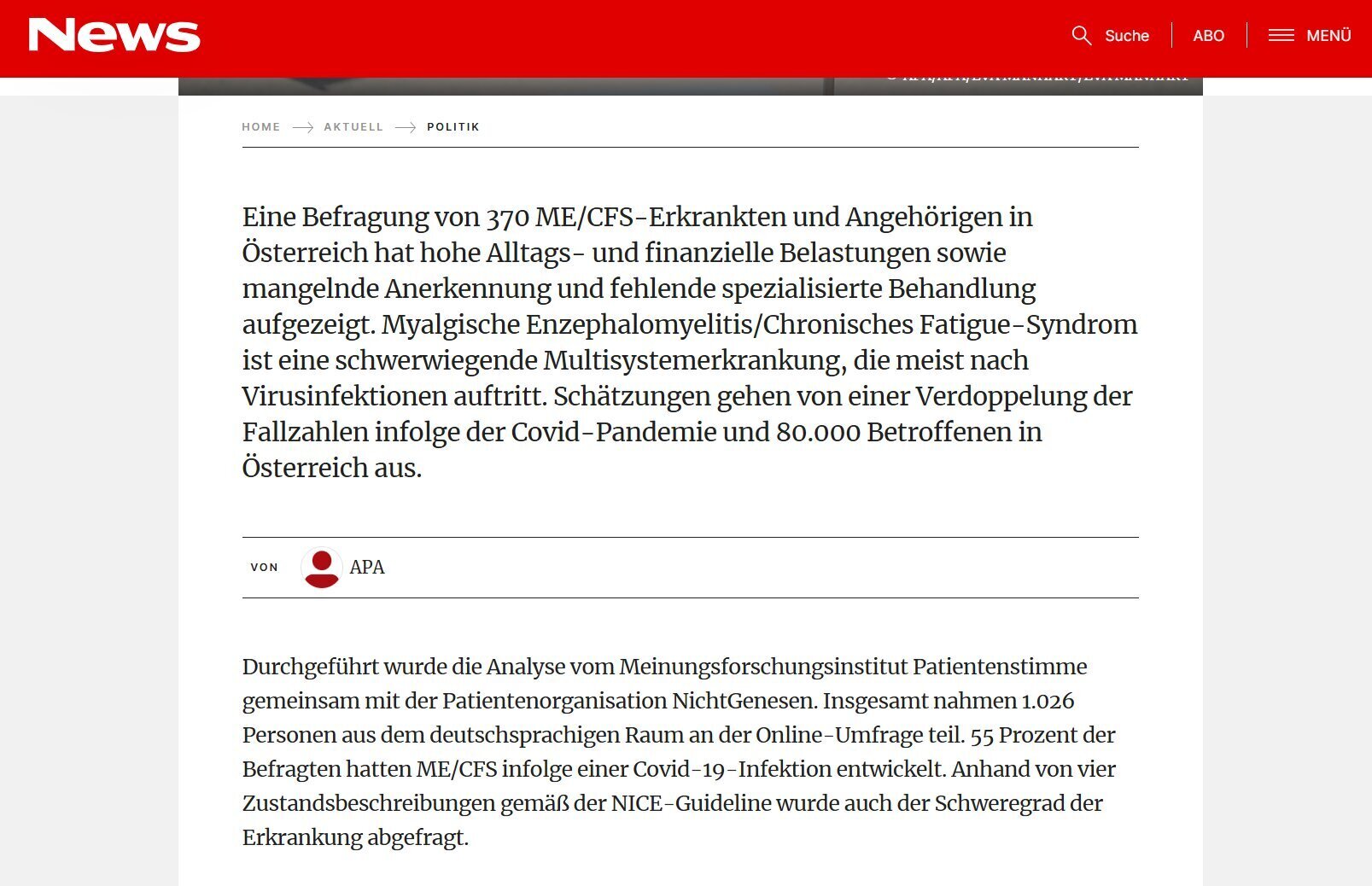 Bericht zur MECFS Patientenumfrage in News vom Dez. 2024