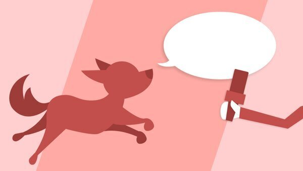 Ein Hund im Patientenstimme Comic Stil läuft zu jemandem, der ein Mikrofon in der Hand hält. im Hintergrund sieht man eine Sprechblase als Symbol dafür, dass jemand über seine Erfahrungen erzählt