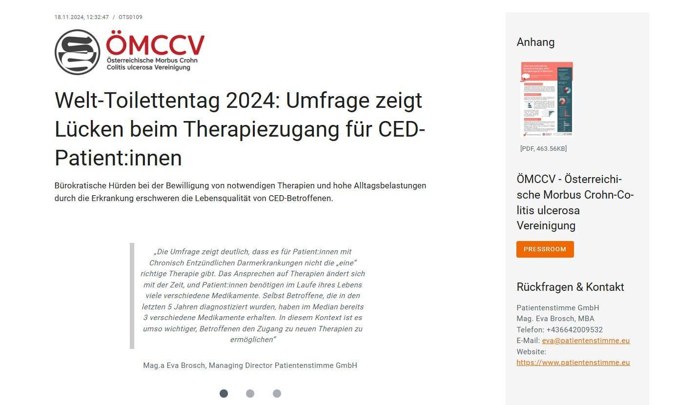 Umfrage bei CED-Betroffene, OTS Pressemeldung Nov. 2024 mit dem Titel "Umfrage zeigt Lücken beim Therapiezugang für CED Patientinnen"